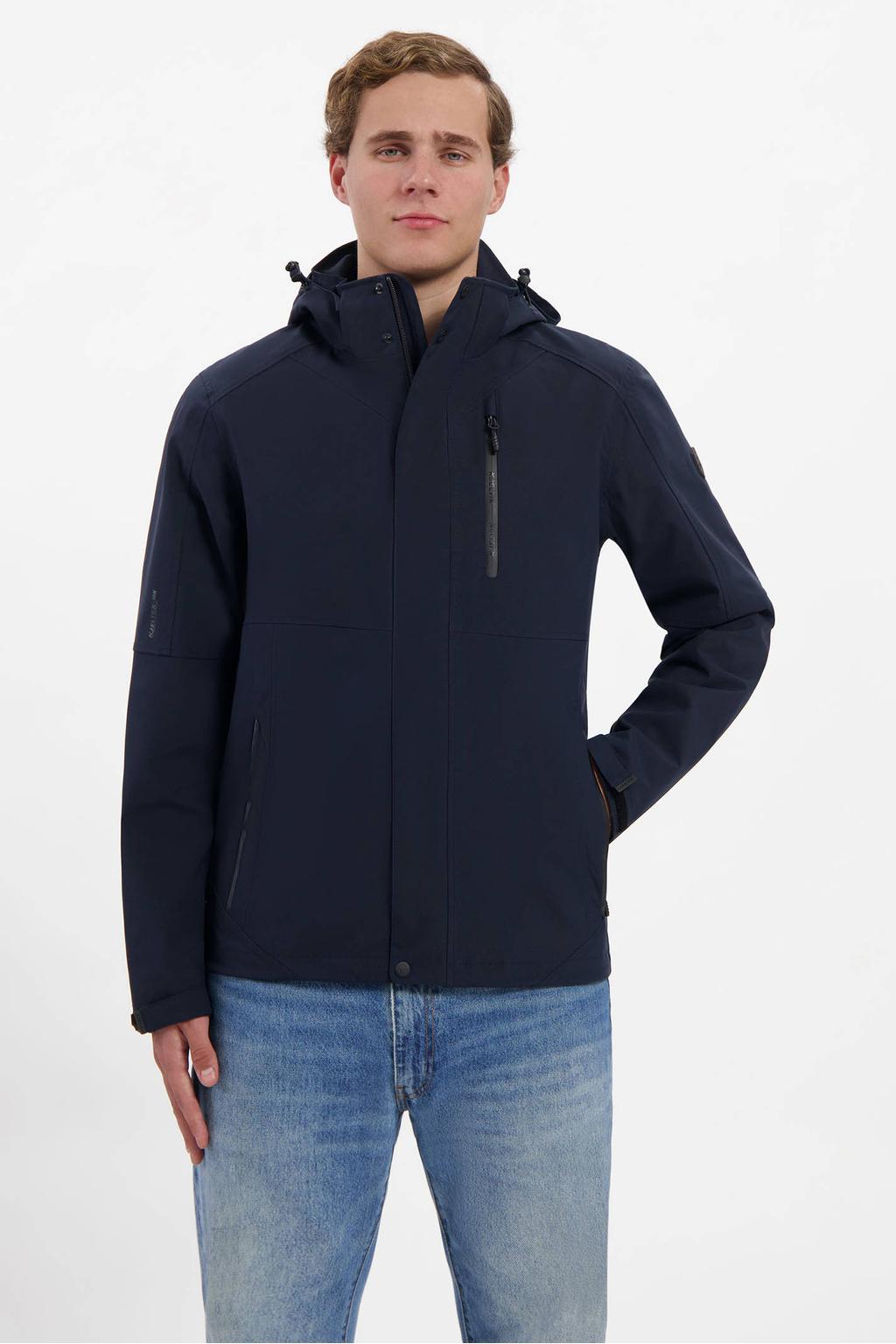 Donkerblauwe heren Kjelvik jas WP Alek van polyester met effen, lange mouwen, capuchon en rits met windvanger