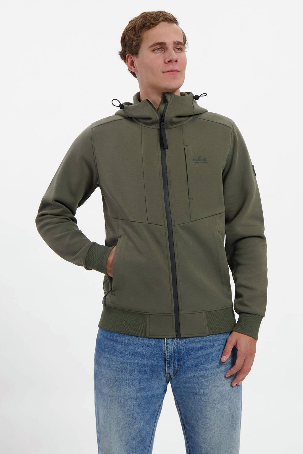 Groene heren Kjelvik fleece jas Marnix van katoen met lange mouwen, capuchon en ritssluiting
