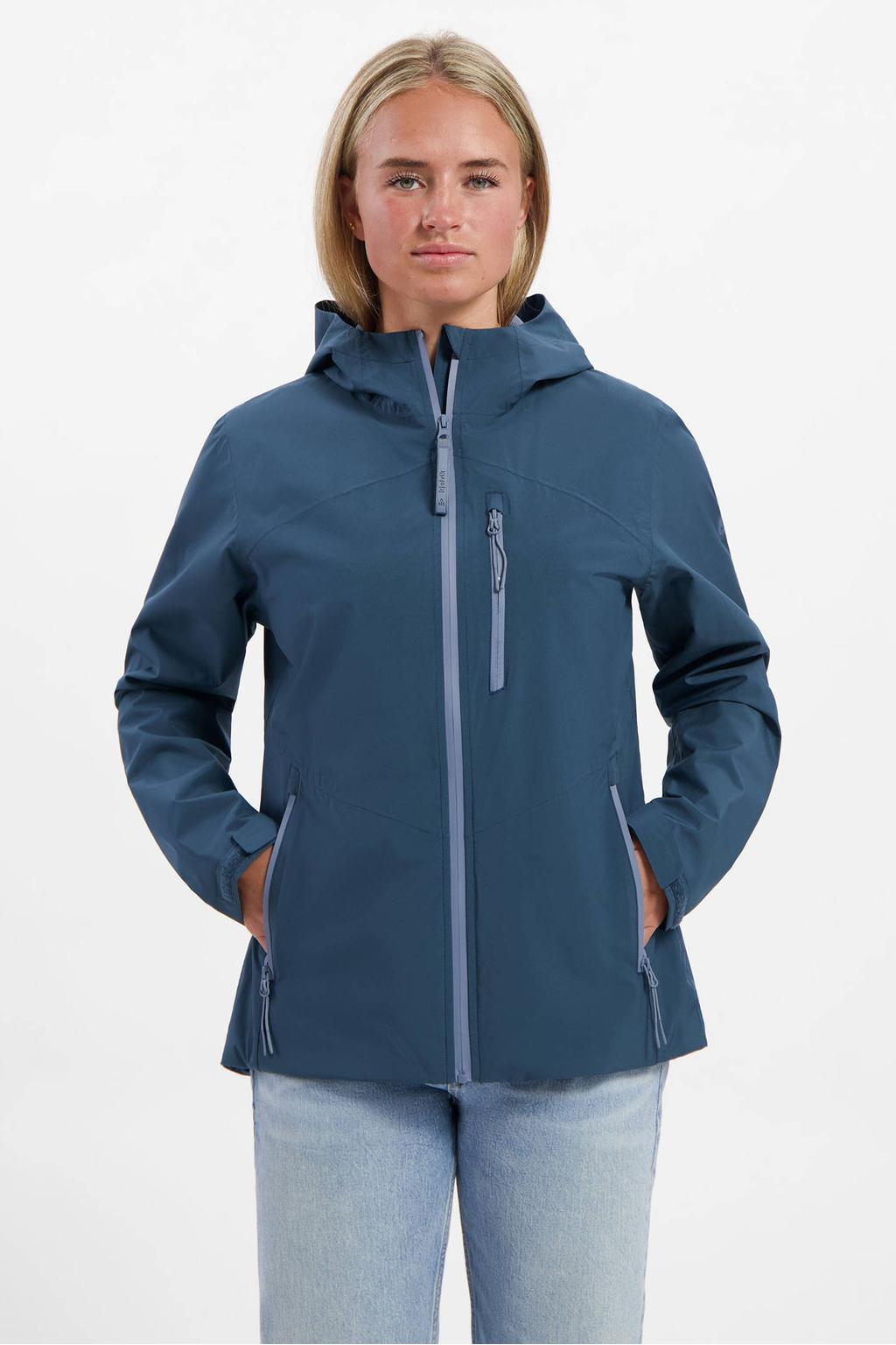 Donkerblauwe dames Kjelvik jas WP Rena van polyester met lange mouwen, capuchon en ritssluiting
