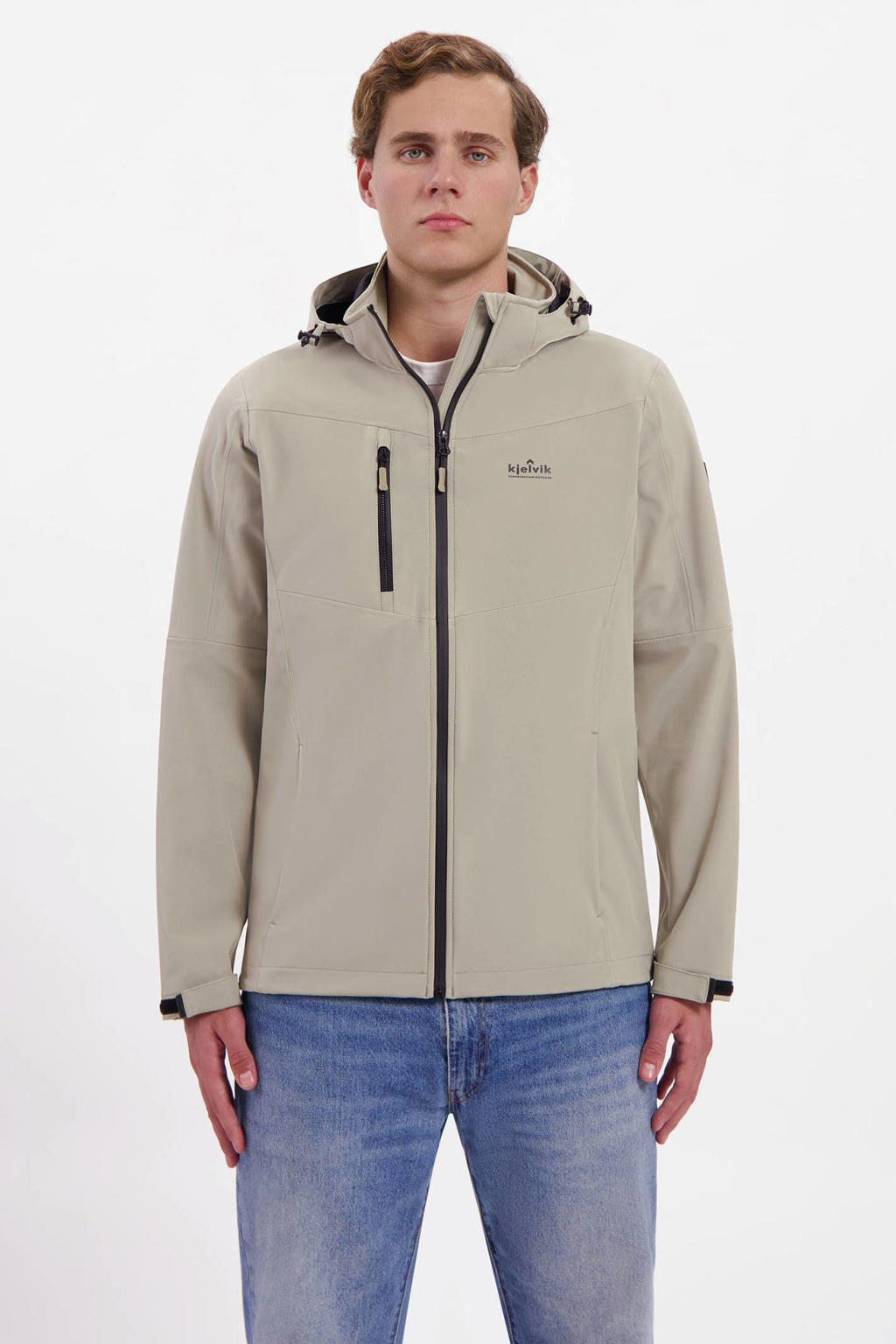 Beige heren Kjelvik softshelljas Victor met effen, lange mouwen, capuchon en ritssluiting