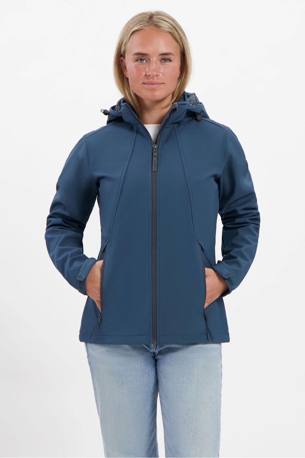 Donkerblauwe dames Kjelvik softshell jas Cleo van polyester met effen, lange mouwen, capuchon en ritssluiting