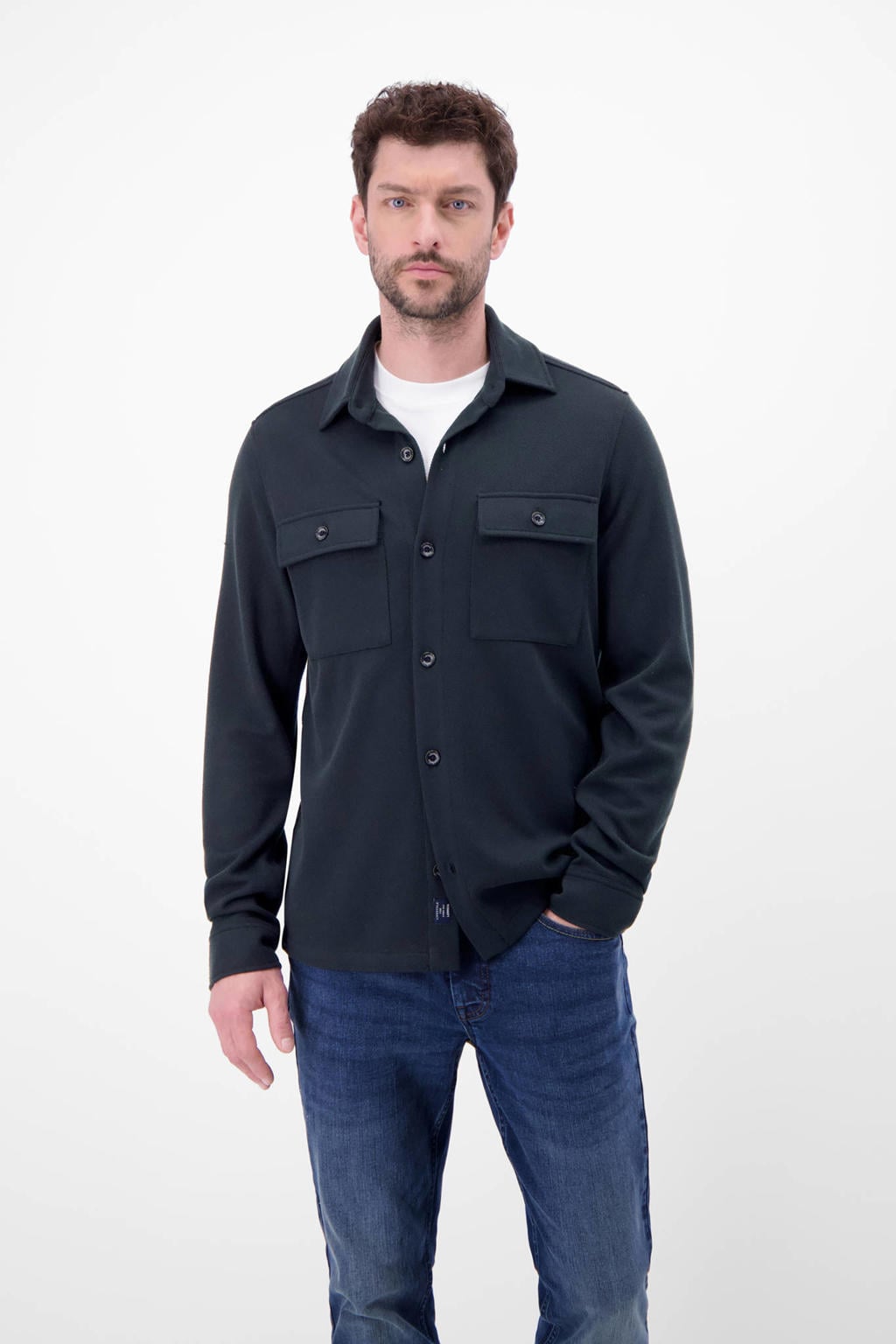 Donkerblauwe heren LERROS regular overshirt van katoen met effen, lange mouwen, klassieke kraag en knoopsluiting