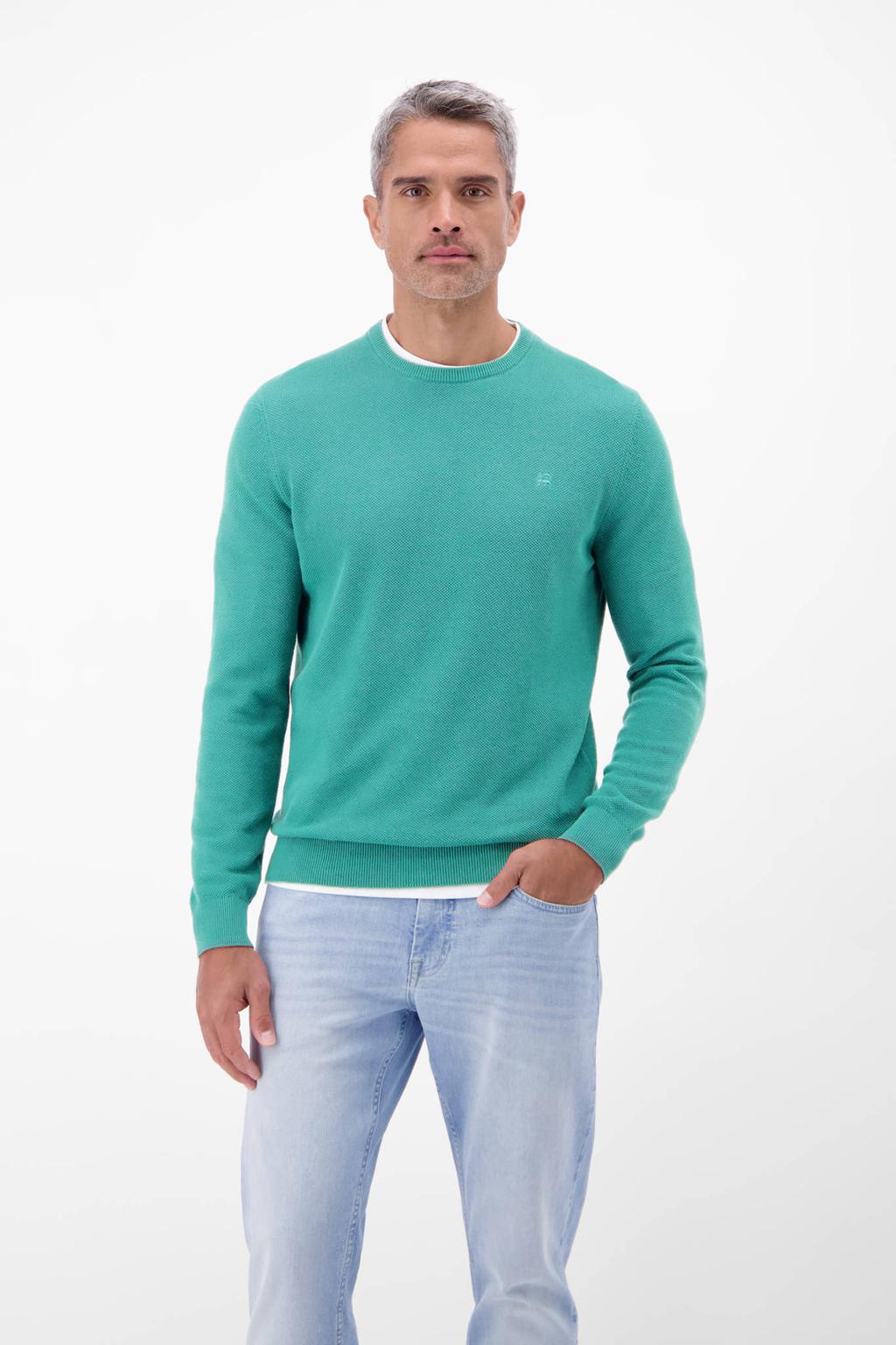 Turquoise heren LERROS gebreide trui van katoen met effen, lange mouwen en ronde hals
