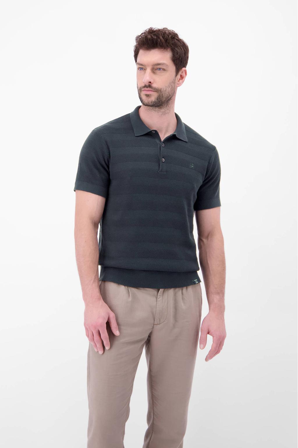 Donkerblauwe heren LERROS regular polo patroon met effen, korte mouwen en knoopsluiting