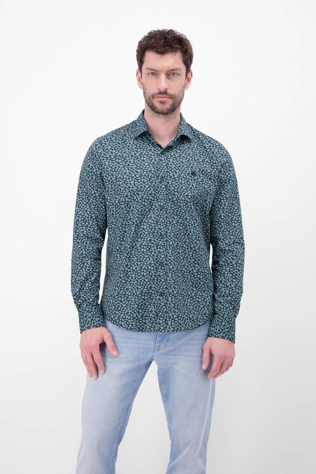 Donkerblauwe heren LERROS regular casual overhemd van katoen met lange mouwen, klassieke kraag en knoopsluiting
