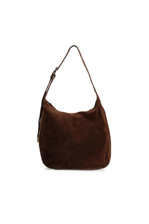 suede schoudertas donkerbruin
