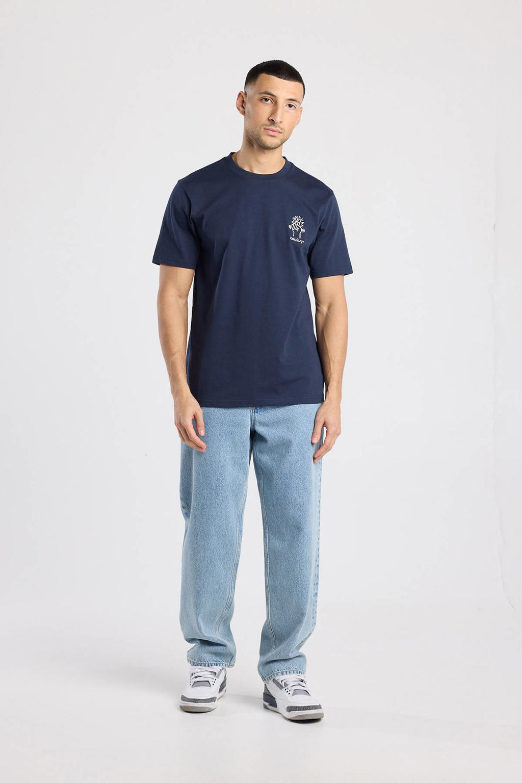Blauwe heren America Today regular T-shirt van katoen met backprint, korte mouwen, ronde hals en borduursels