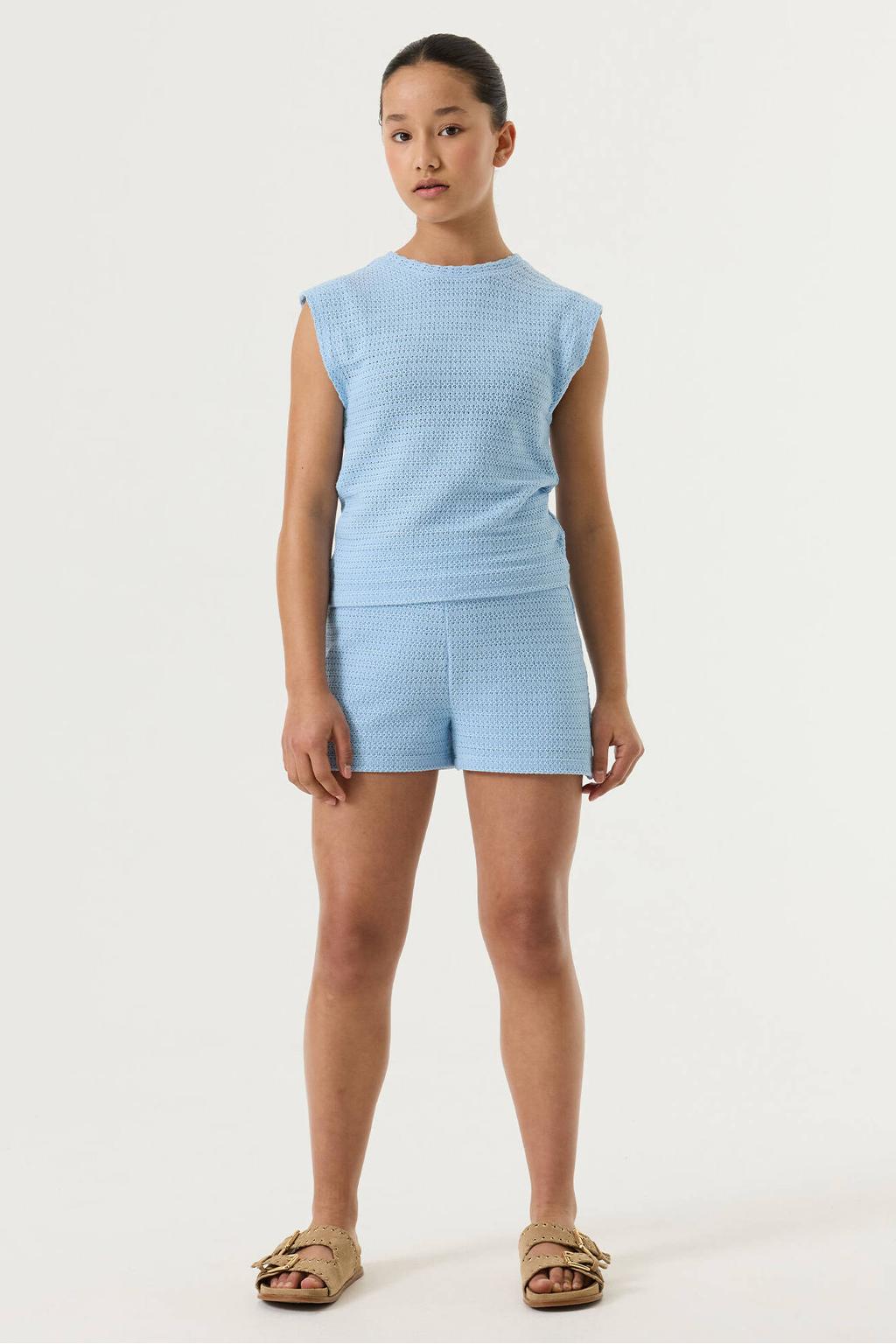 Lichtblauwe meisjes Garcia T-shirt fijn gebreid van polyester met effen, korte mouwen en ronde hals