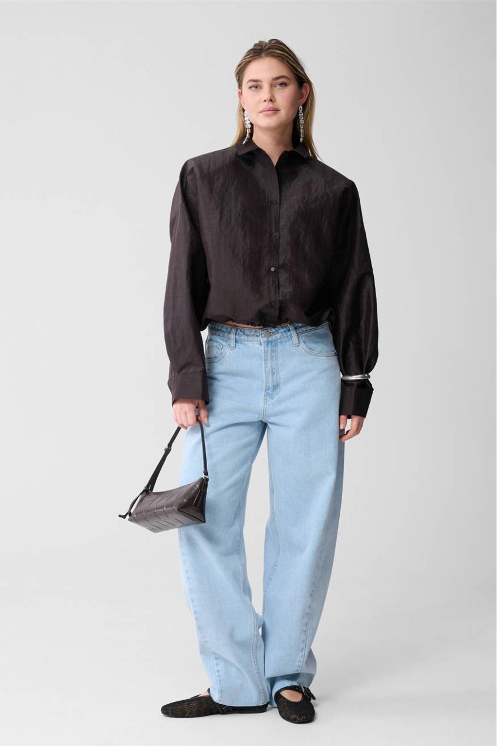 Donkerblauwe dames Shoeby blouse van polyester met lange mouwen, klassieke kraag, knoopsluiting en glimmend detail
