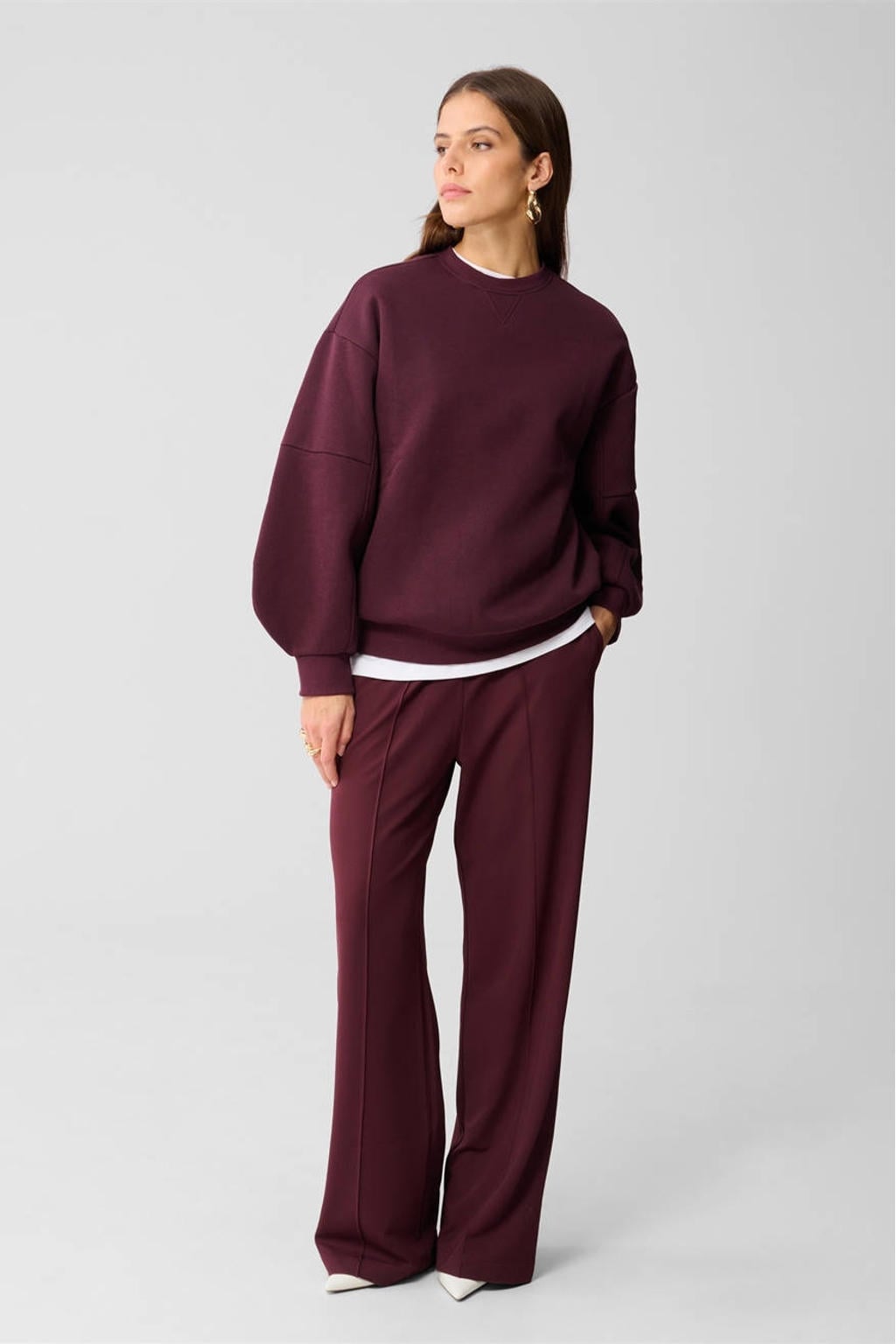 Donkerrode dames Shoeby high waist wide leg broek met loose fit en effen
