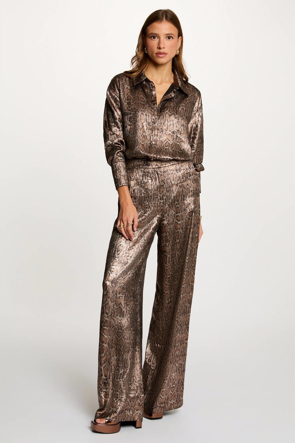 Multikleurige dames Morgan blouse van polyester met dierenprint, lange mouwen, klassieke kraag, knoopsluiting en glimmend detail