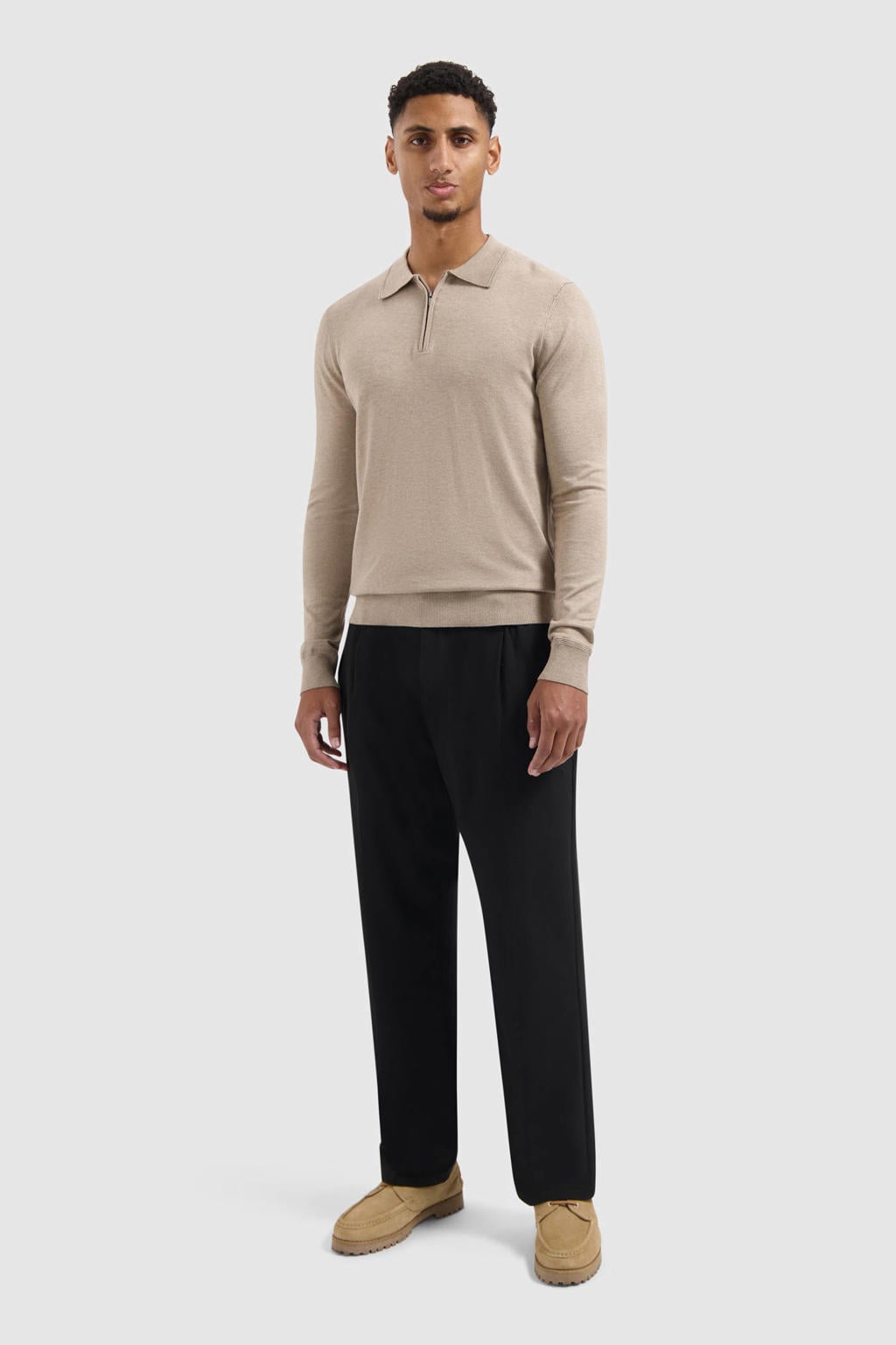 Taupe heren Pure Path gebreide trui van viscose met effen, lange mouwen, klassieke kraag en halve rits