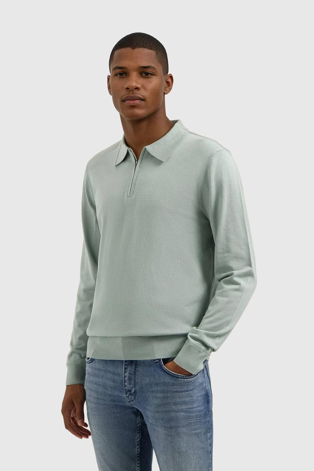 Groene heren Pure Path gebreide trui van viscose met effen, lange mouwen, klassieke kraag en halve rits