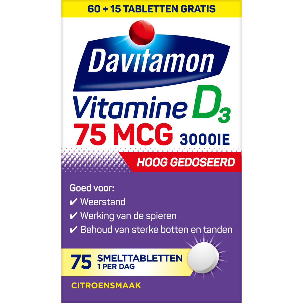 Davitamon Vitamine D3 75 mcg smelttabletten - hoog gedoseerd - 75 stuks