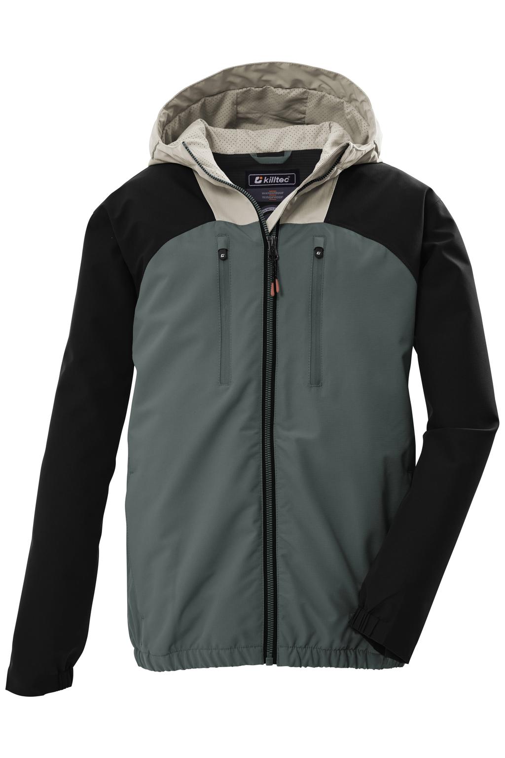 Zwart, groen en beige jongens Killtec jas van polyester met effen, lange mouwen, capuchon en ritssluiting