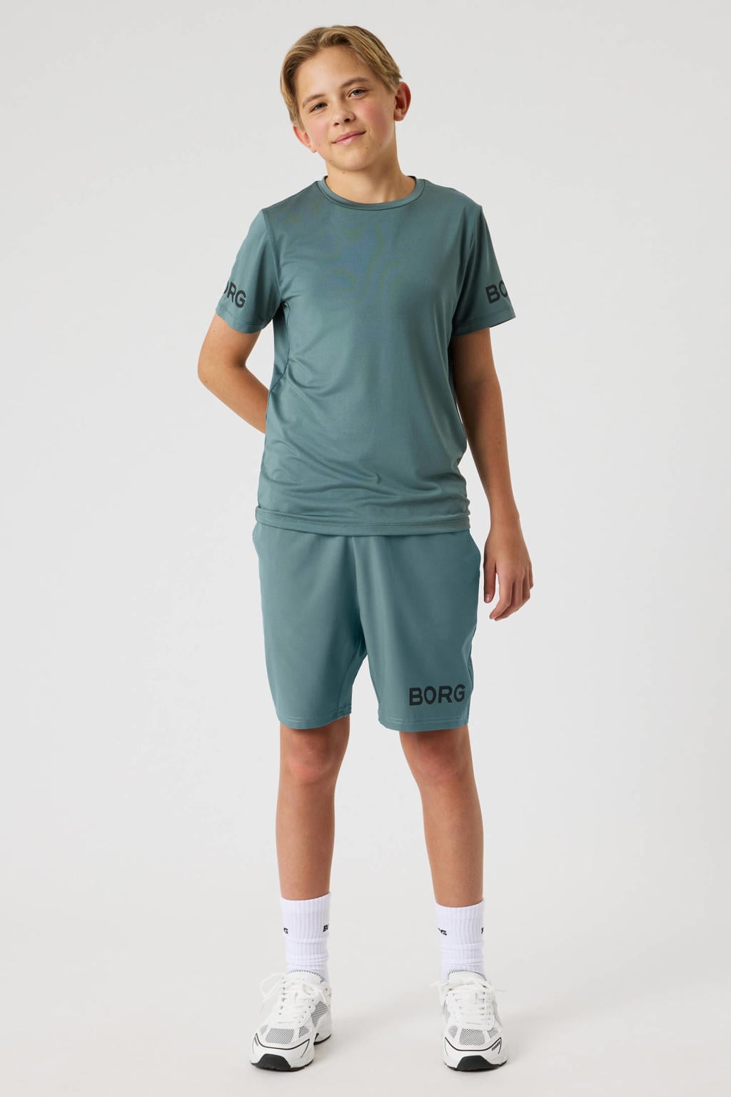 Groene jongens en meisjes Björn Borg sportshirt van polyester met effen, korte mouwen en ronde hals