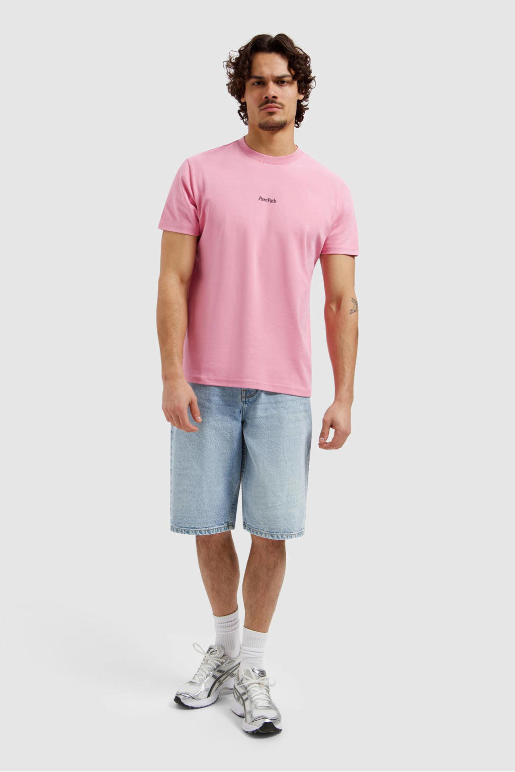Roze heren Pure Path regular T-shirt van katoen met backprint, korte mouwen en ronde hals