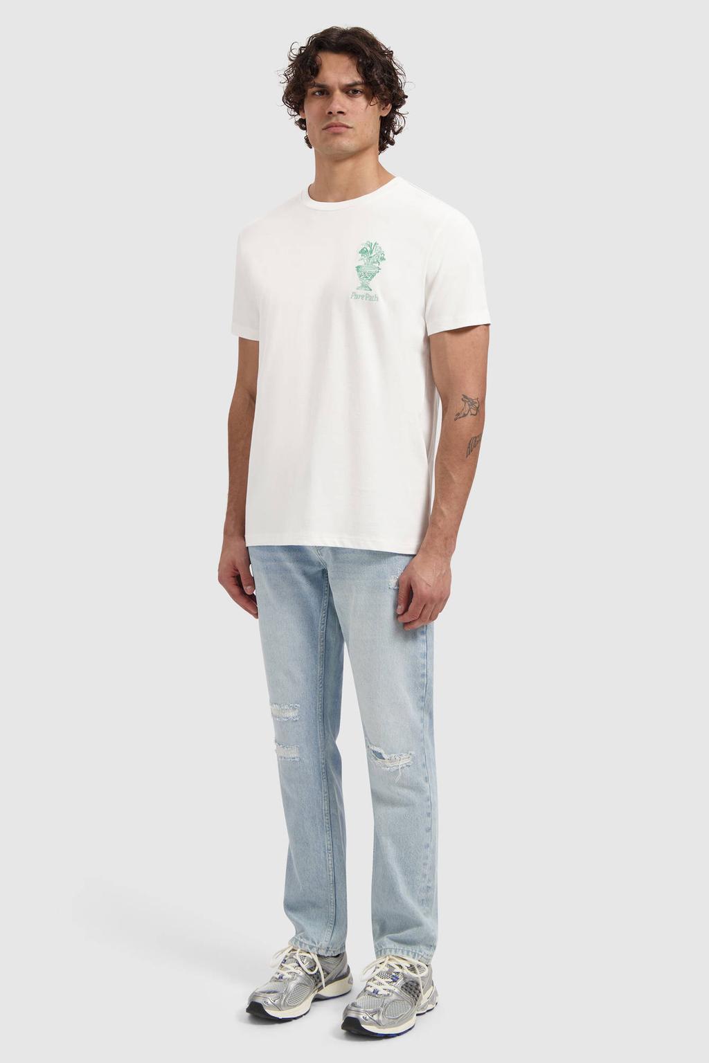 Ecru heren Pure Path regular T-shirt van katoen met backprint, korte mouwen en ronde hals