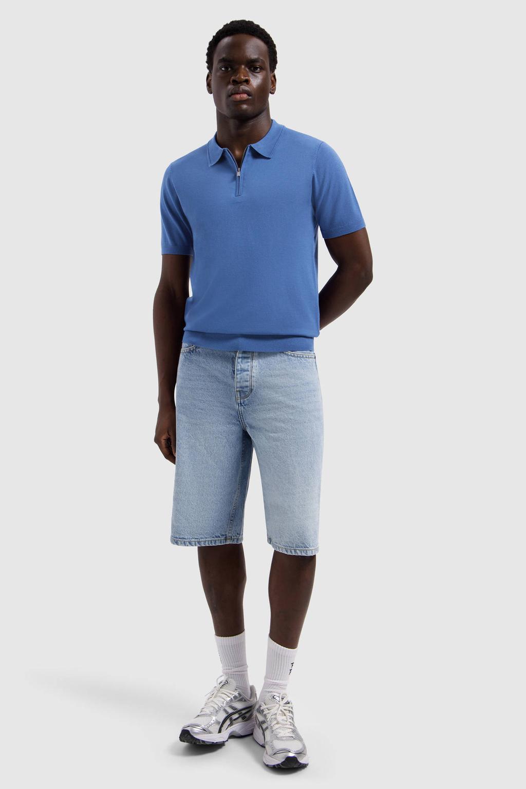 Blauwe heren Pure Path regular polo van viscose met effen, korte mouwen, halve rits en pique