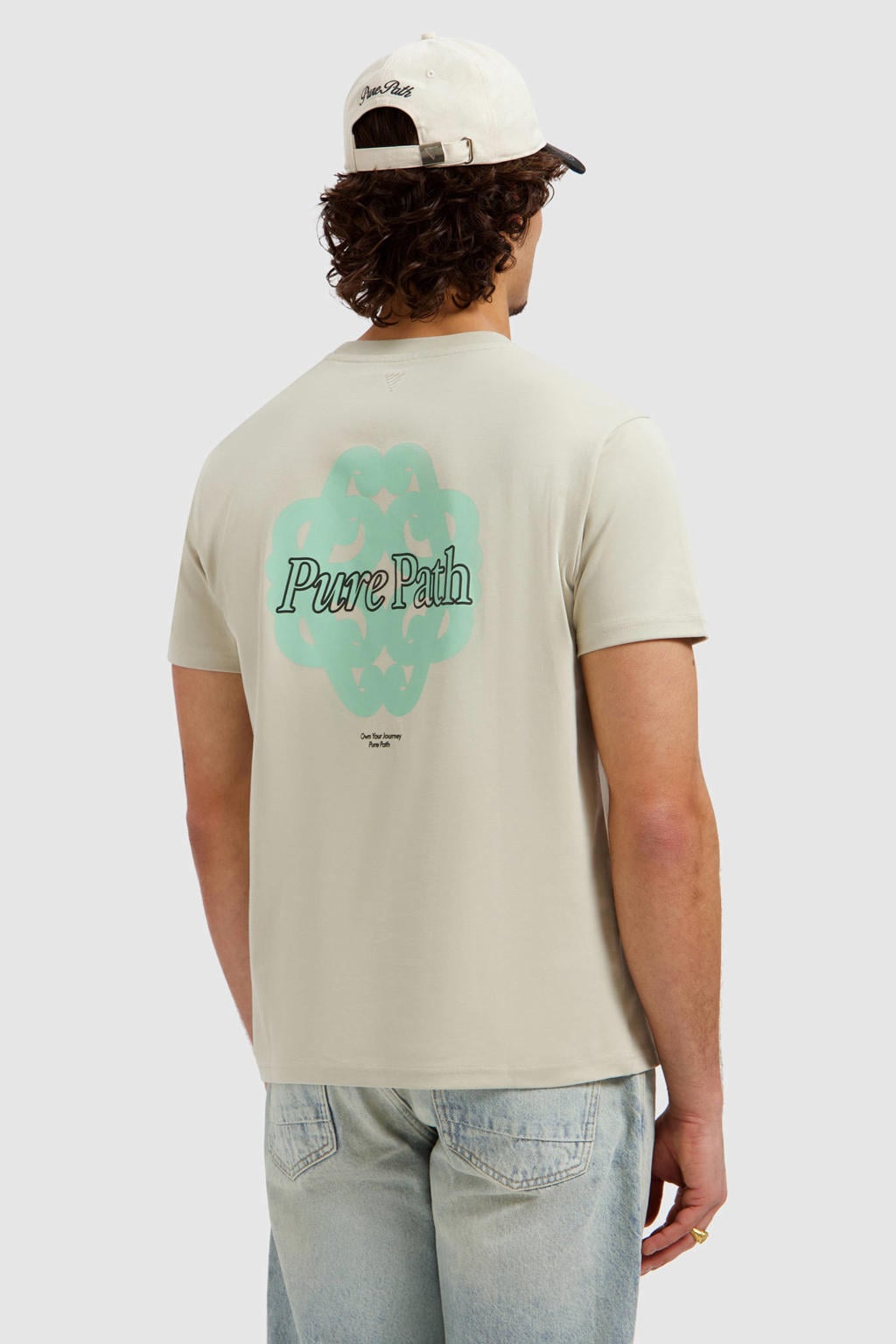 Beige heren Pure Path regular T-shirt van katoen met backprint, korte mouwen en ronde hals