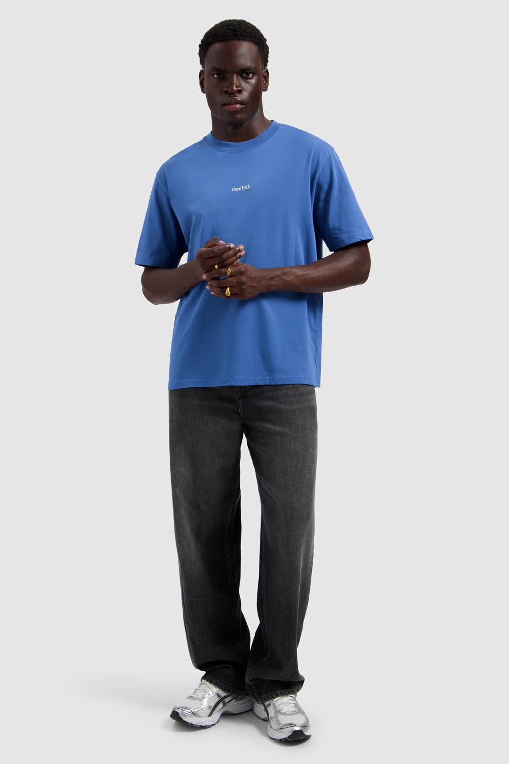 Blauwe heren Pure Path relaxed T-shirt van katoen met backprint, korte mouwen en ronde hals