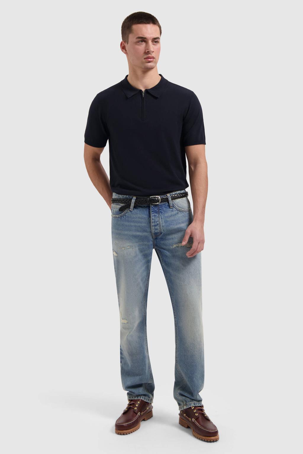 Donkerblauwe heren Pure Path regular polo van viscose met effen, korte mouwen, halve rits en pique