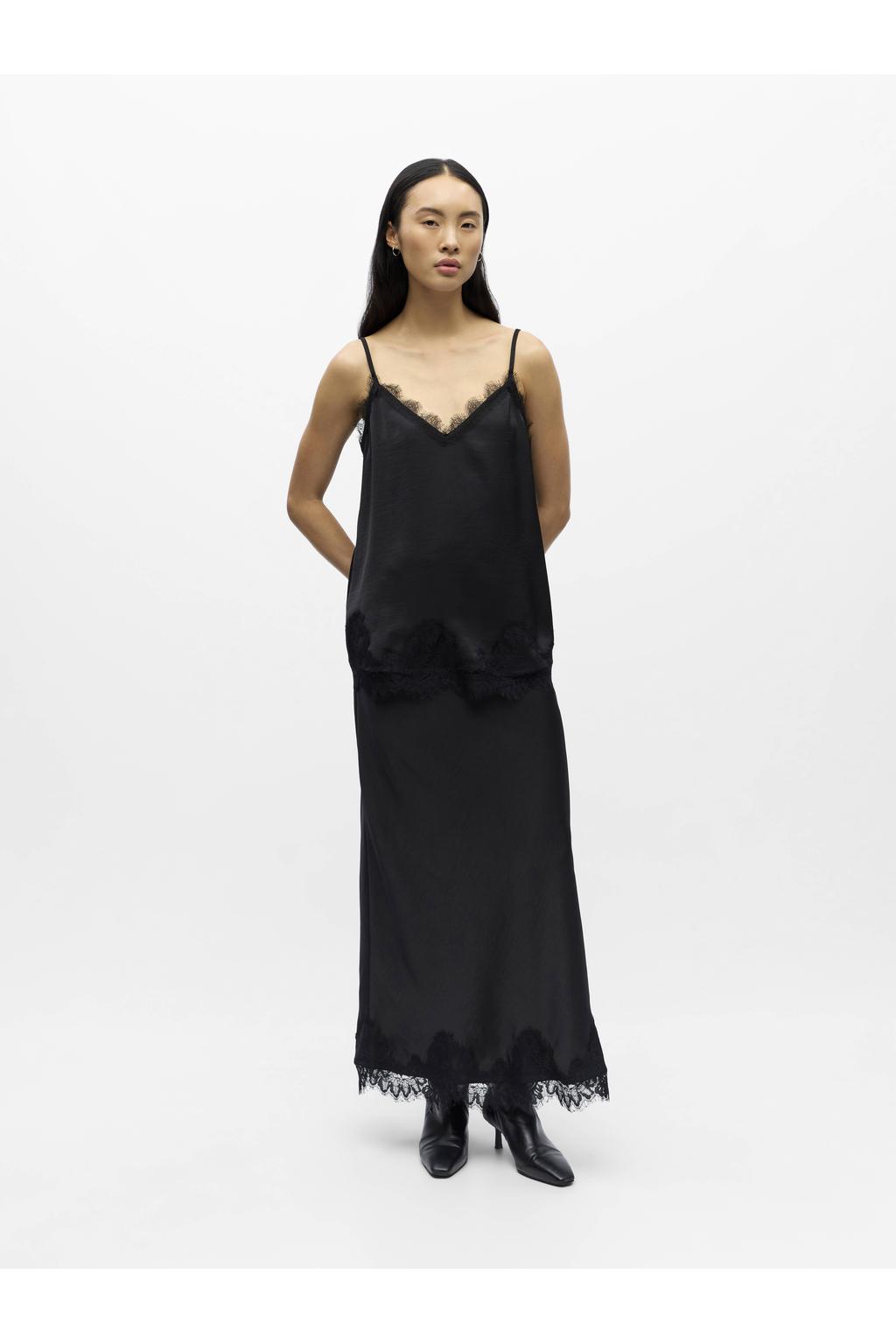 Zwarte dames OBJECT spaghettitop van polyester met effen, spaghettibandjes, V-hals, knoopsluiting en kant