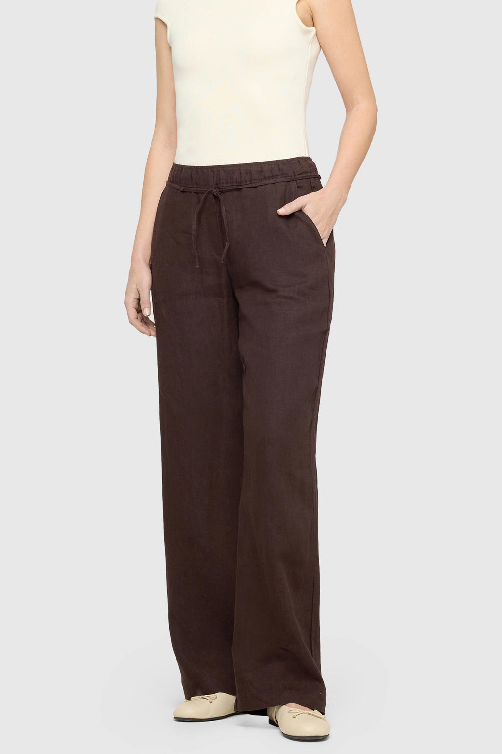 Donkerblauwe dames MAC high waist broek van linnen met loose fit, elastische tailleband met koord en effen
