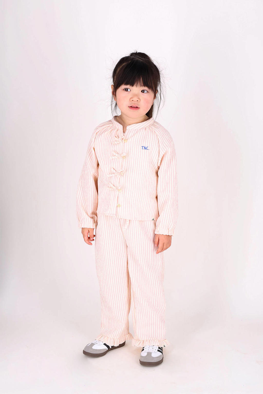 Roze en witte meisjes The New Chapter gestreepte blouse van stretchkatoen met lange mouwen, ronde hals, knoopsluiting en strikje