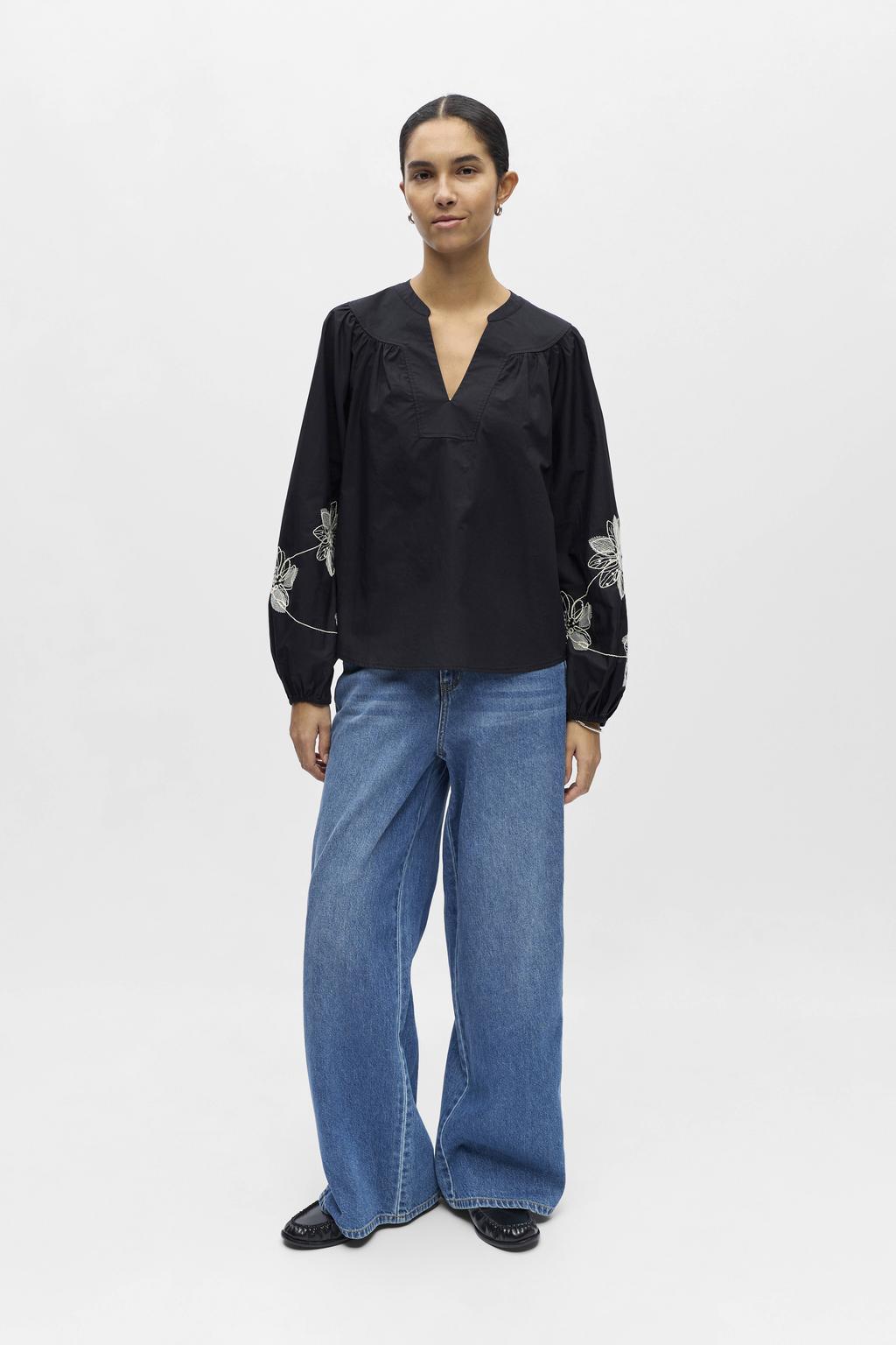 Zwart en witte dames OBJECT top met effen, lange mouwen, V-hals en borduursels