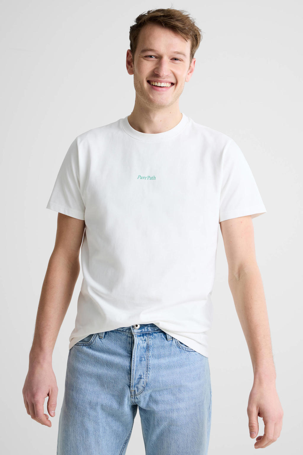 Witte heren Pure Path regular T-shirt met backprint, korte mouwen en ronde hals
