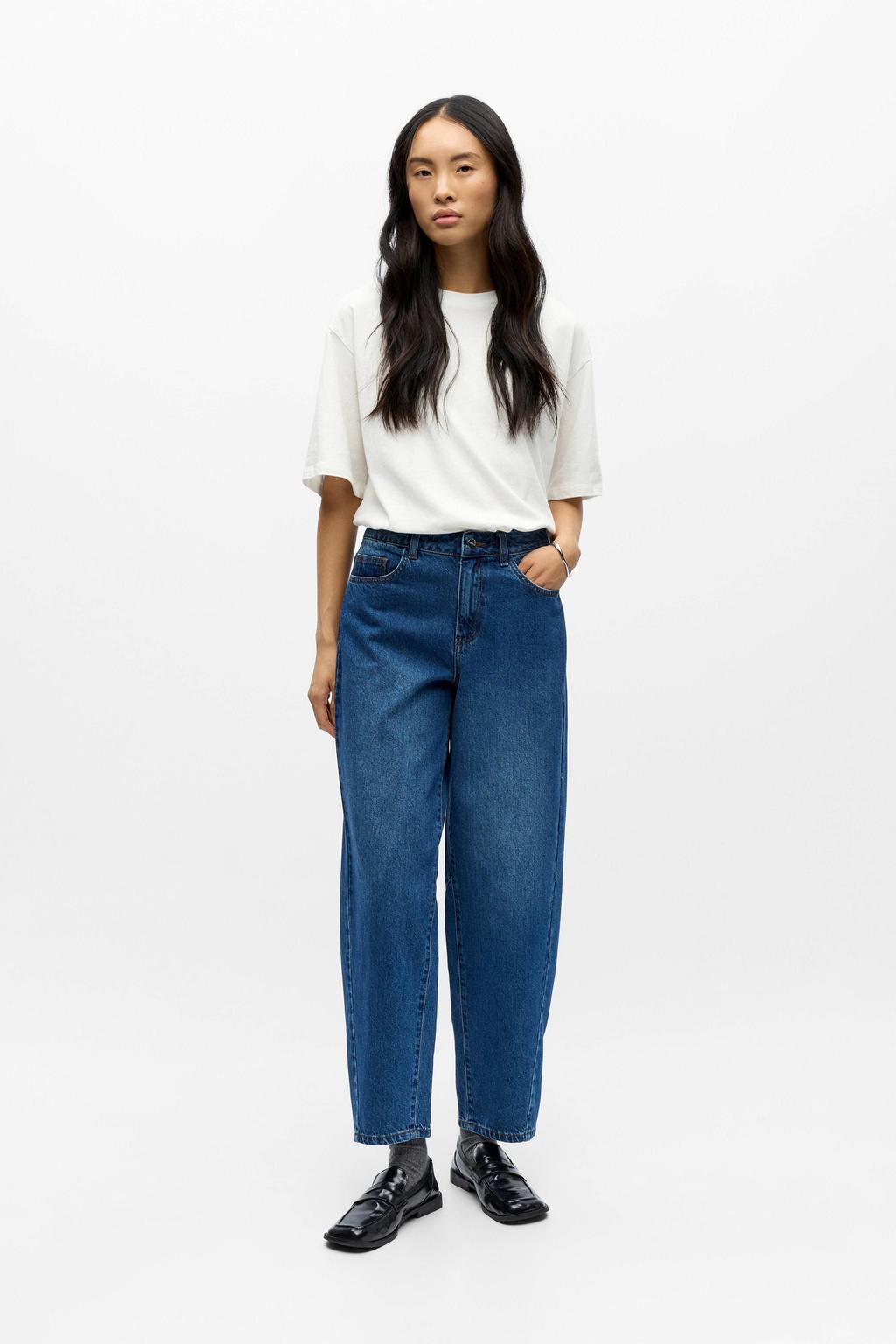 Dark blue denim dames OBJECT barrel jeans dark blue van denim met rits- en knoopsluiting en effen
