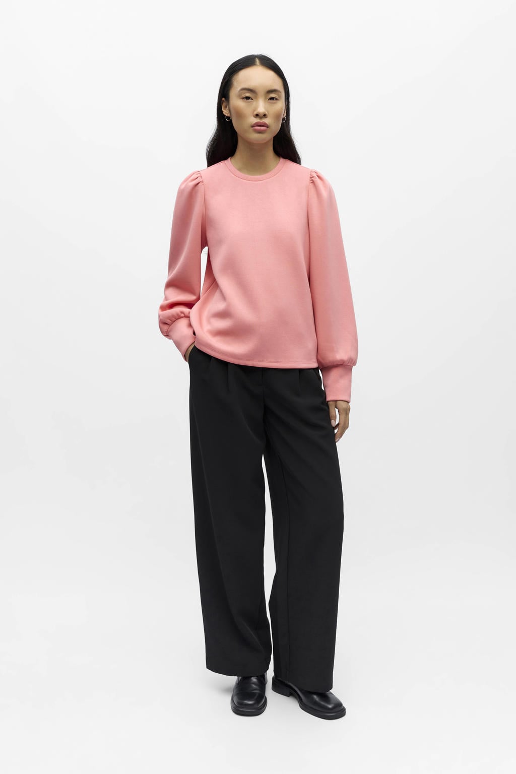 Lichtroze dames OBJECT top van polyester met effen, lange mouwen, ronde hals en gebreide details