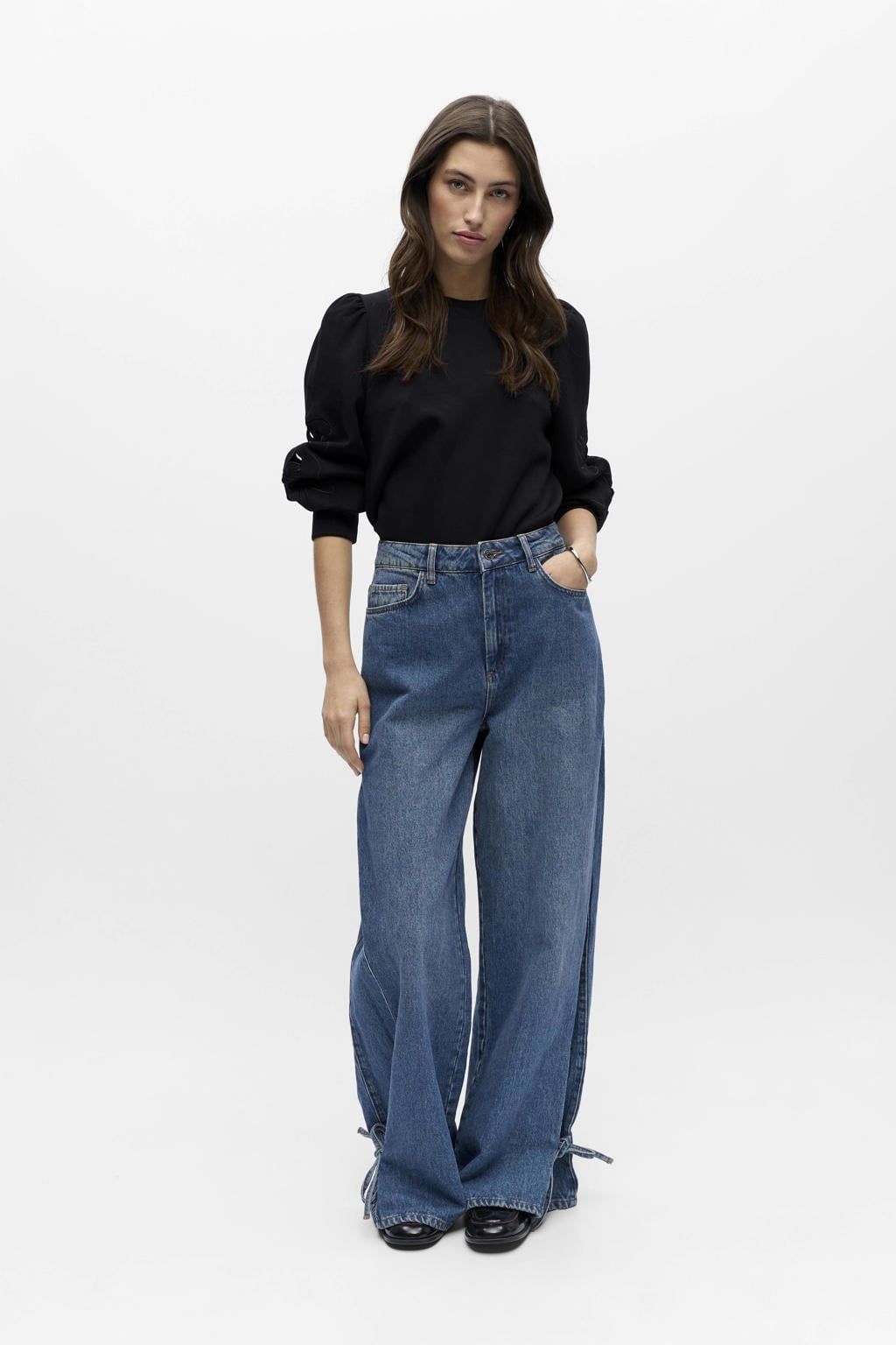 Medium blue denim dames OBJECT high waist wide leg jeans van denim met rits- en knoopsluiting en effen