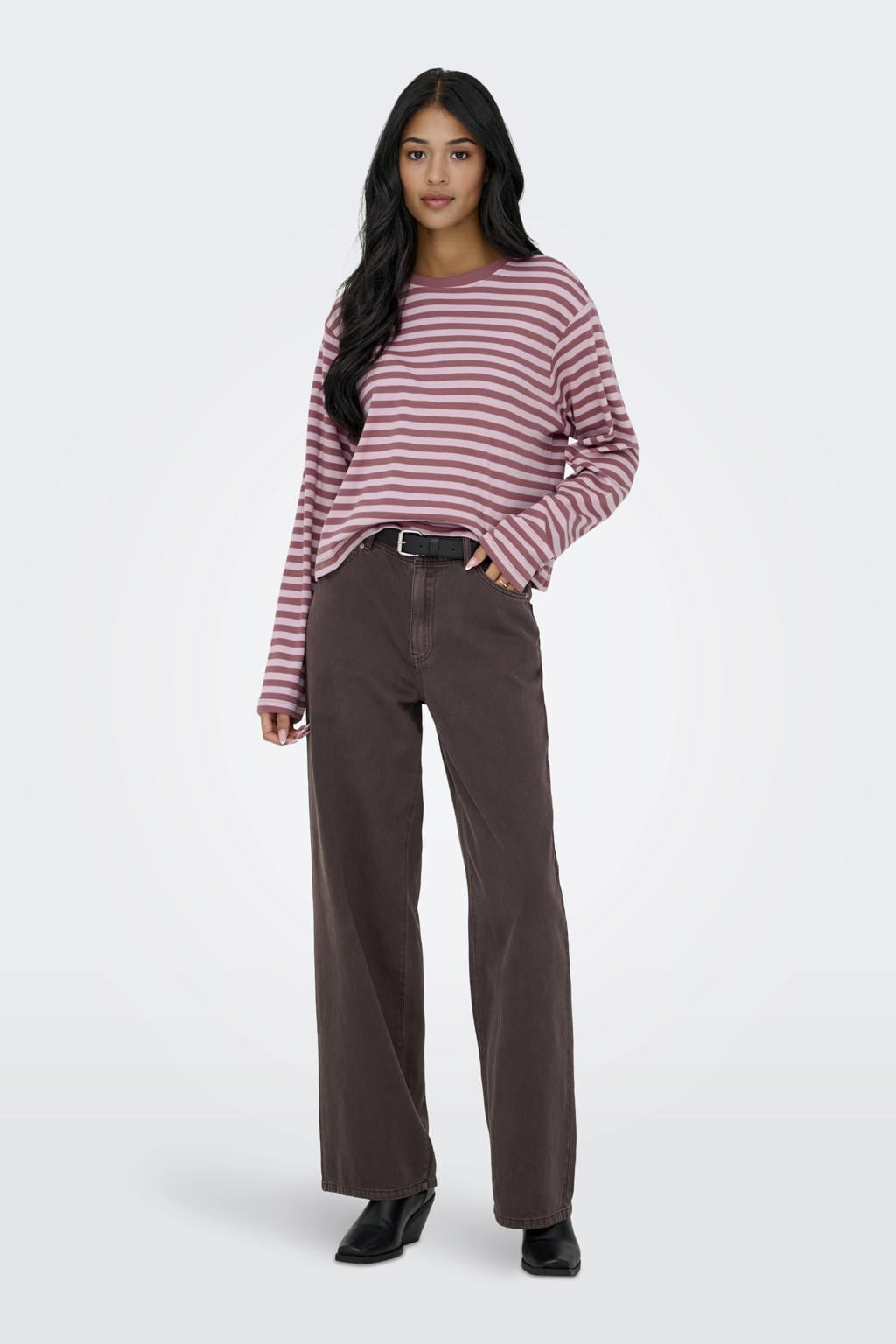 Roze dames ONLY gestreepte top met lange mouwen en ronde hals