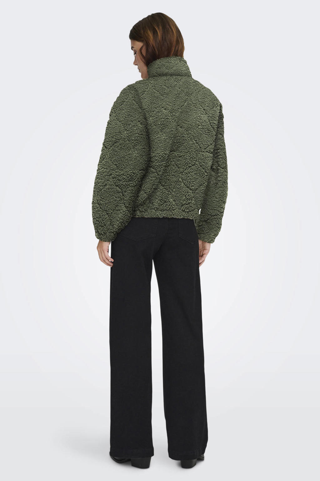 Groene dames ONLY fleecetrui van polyester met effen, lange mouwen, col en ritssluiting