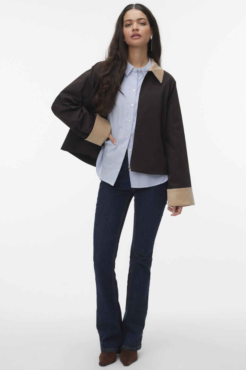 Donkerbruin en beige dames VERO MODA x Noor de Groot jasje van polyester met meerkleurige print, lange mouwen, klassieke kraag, ritssluiting en corduroy