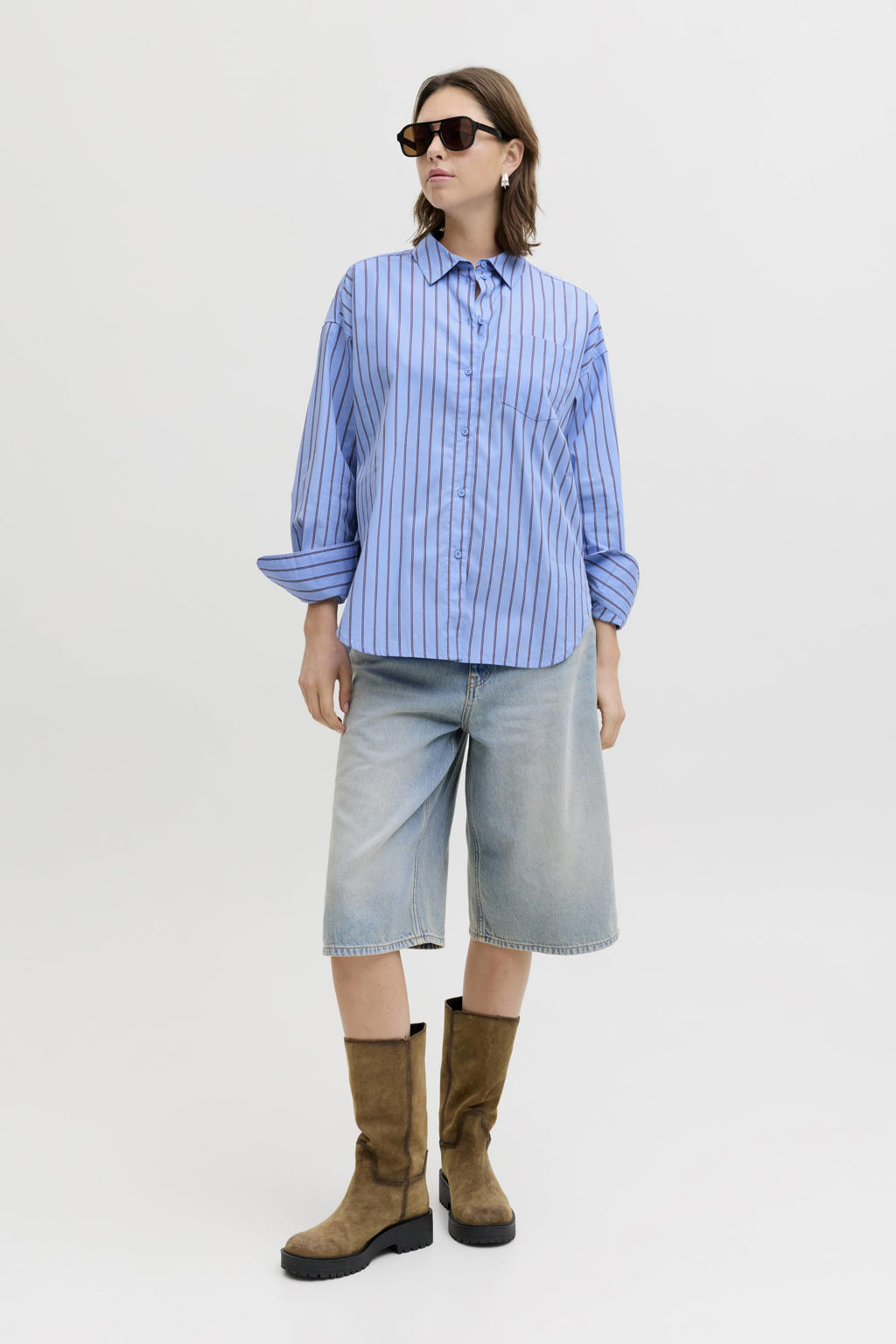 Blauwe dames JJXX gestreepte blouse van katoen met lange mouwen, klassieke kraag, knoopsluiting en geweven detail