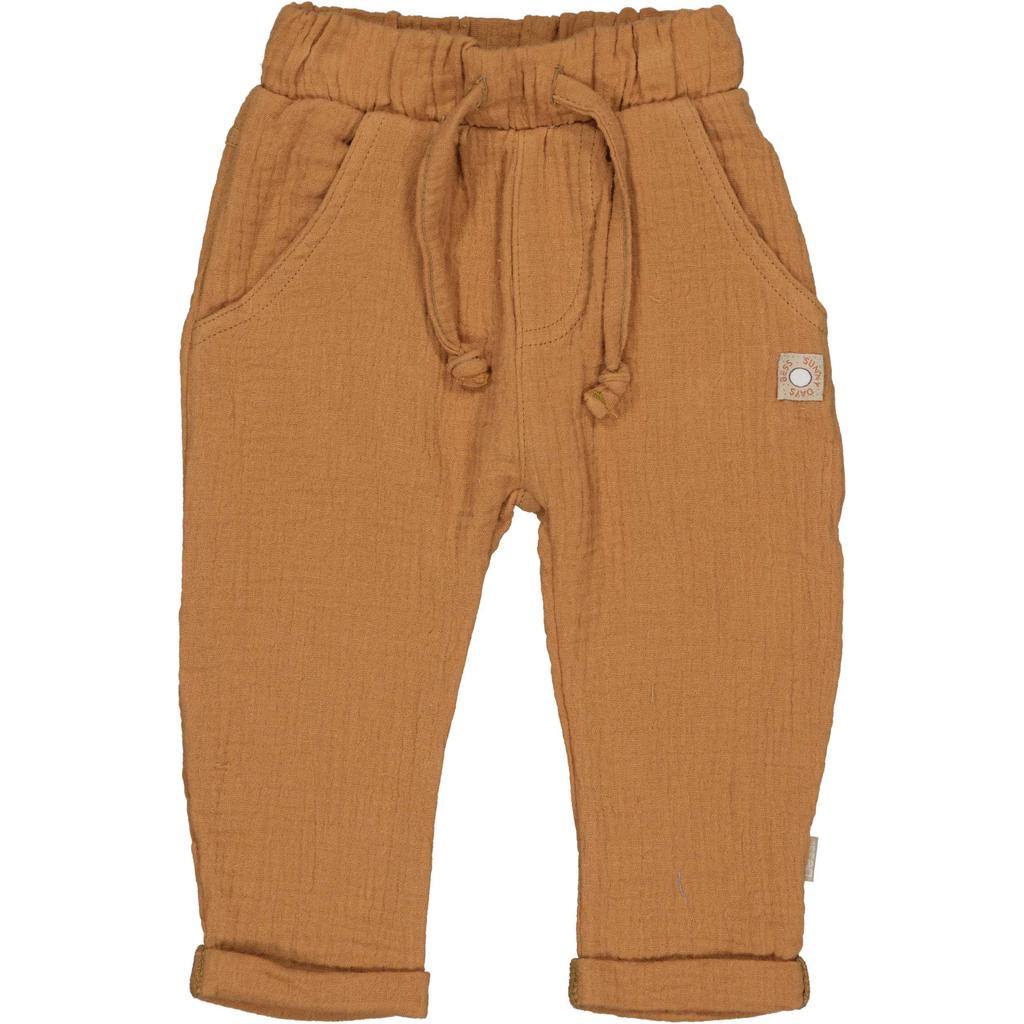 Bruine jongens BESS regular waist casual broek van mousseline met elastische tailleband met koord en effen