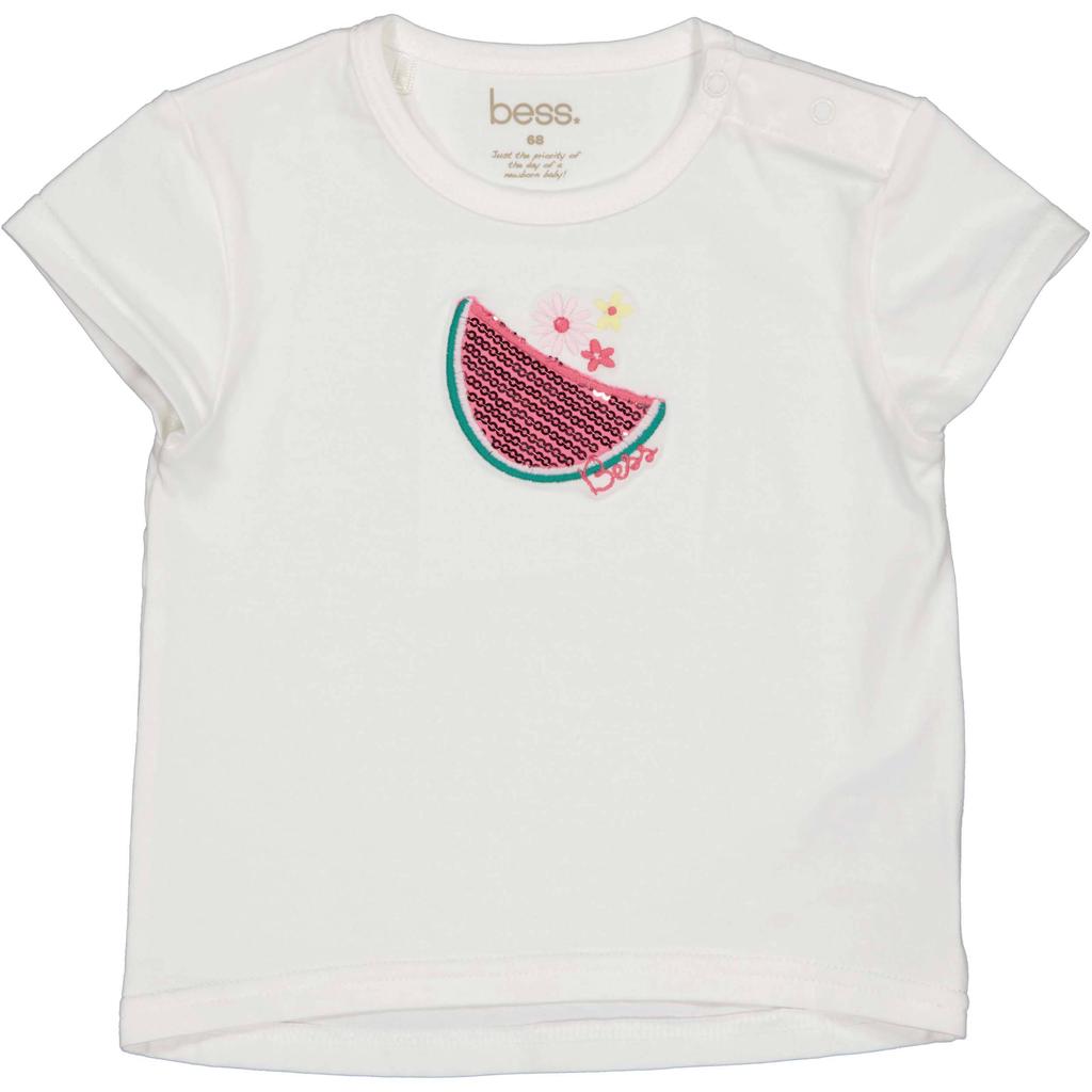Witte meisjes BESS T-shirt van katoen met printopdruk, korte mouwen, ronde hals, drukknoopsluiting en pailletten