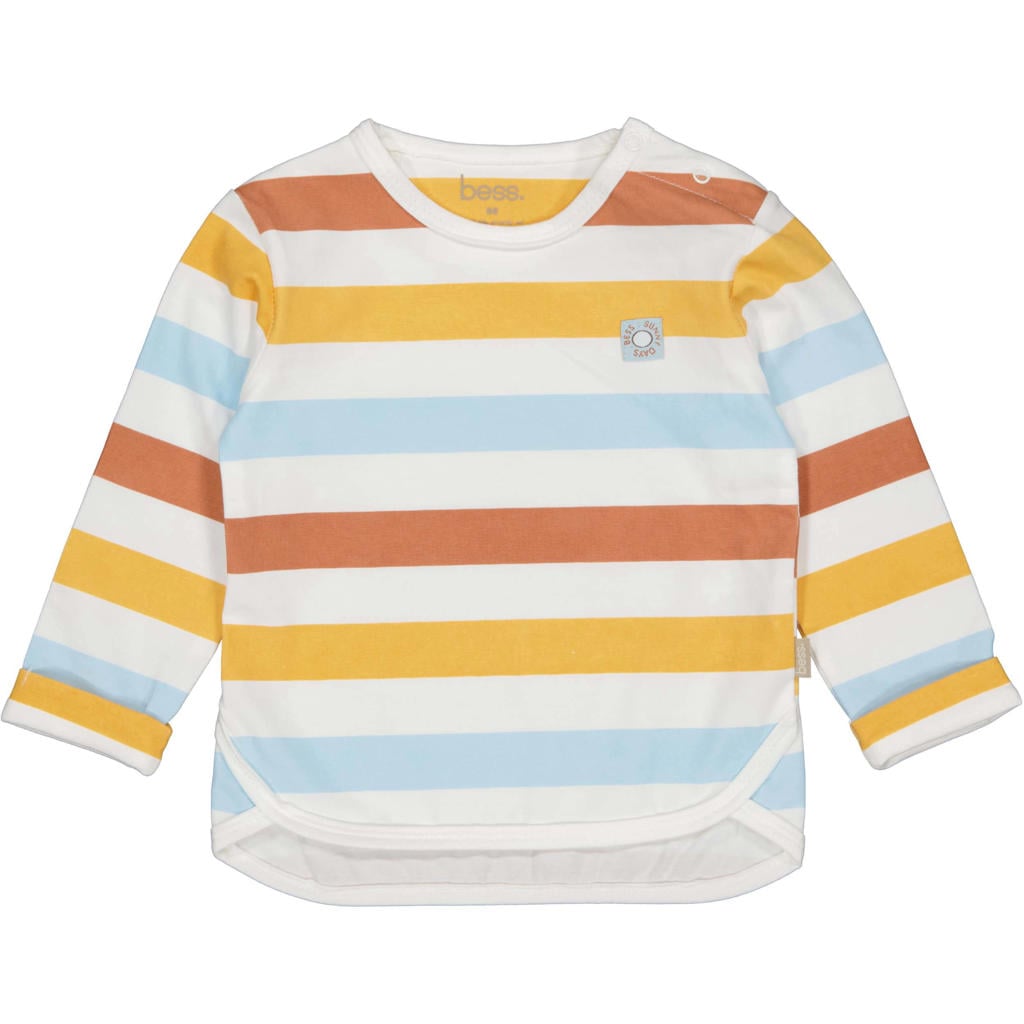 Oker, bruin en blauwe jongens BESS gestreepte longsleeve van katoen met lange mouwen, ronde hals en drukknoopsluiting