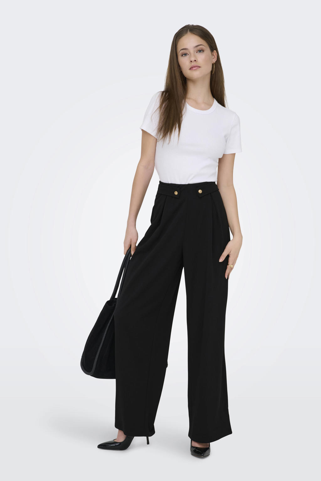Zwarte dames ONLY wide leg regular waist casual broek met effen