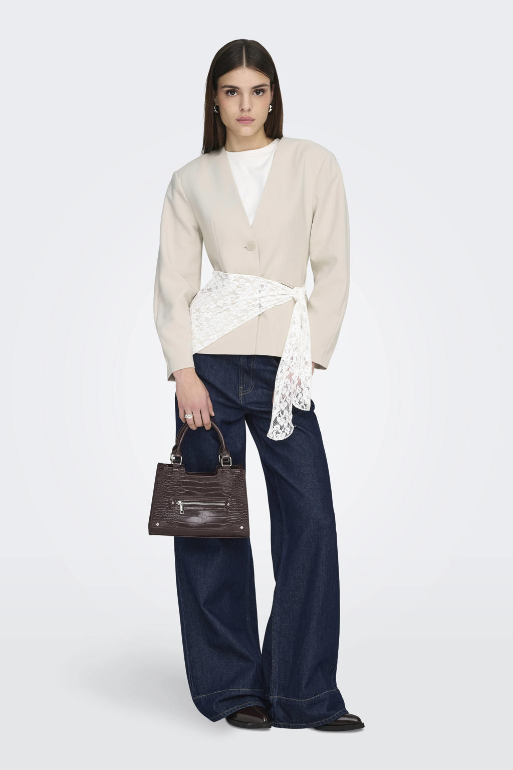 Ecru dames ONLY getailleerde blazer van polyester met effen, lange mouwen, reverskraag en knoopsluiting