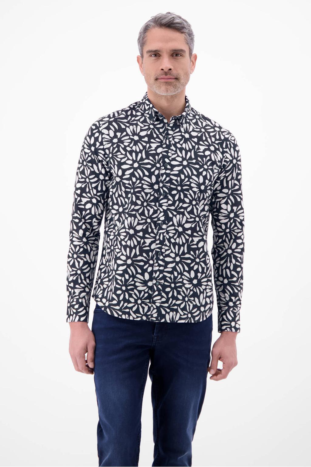 Donkerblauwe heren LERROS regular casual overhemd van linnen met lange mouwen, button down sluiting en knoopsluiting
