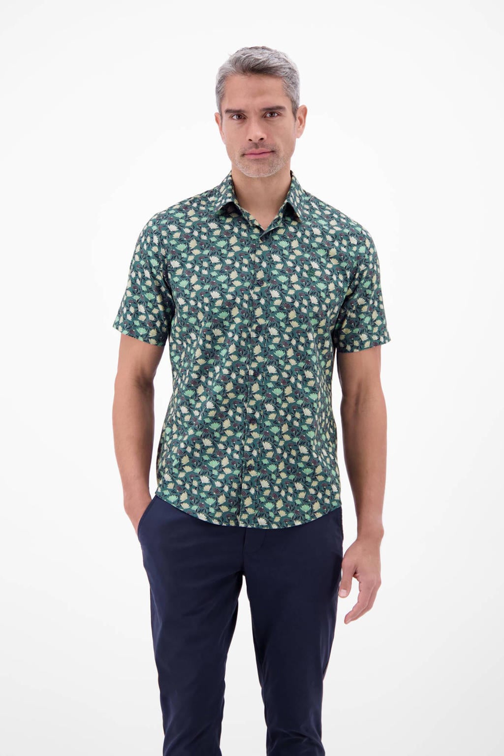 Blauwe heren LERROS regular casual overhemd van katoen met korte mouwen, klassieke kraag en knoopsluiting