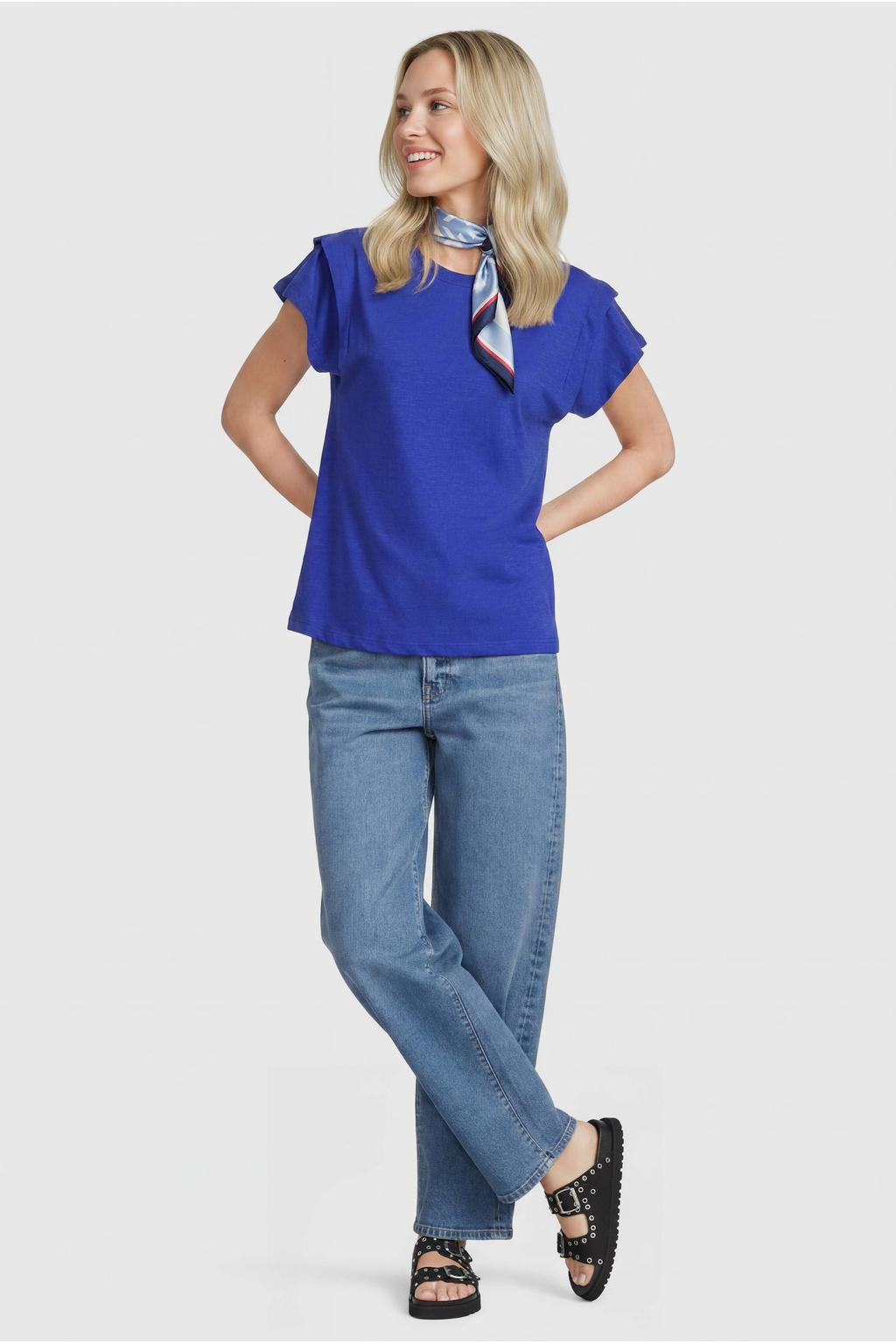 Blauwe dames Anytime T-shirt detail van katoen met effen en korte mouwen