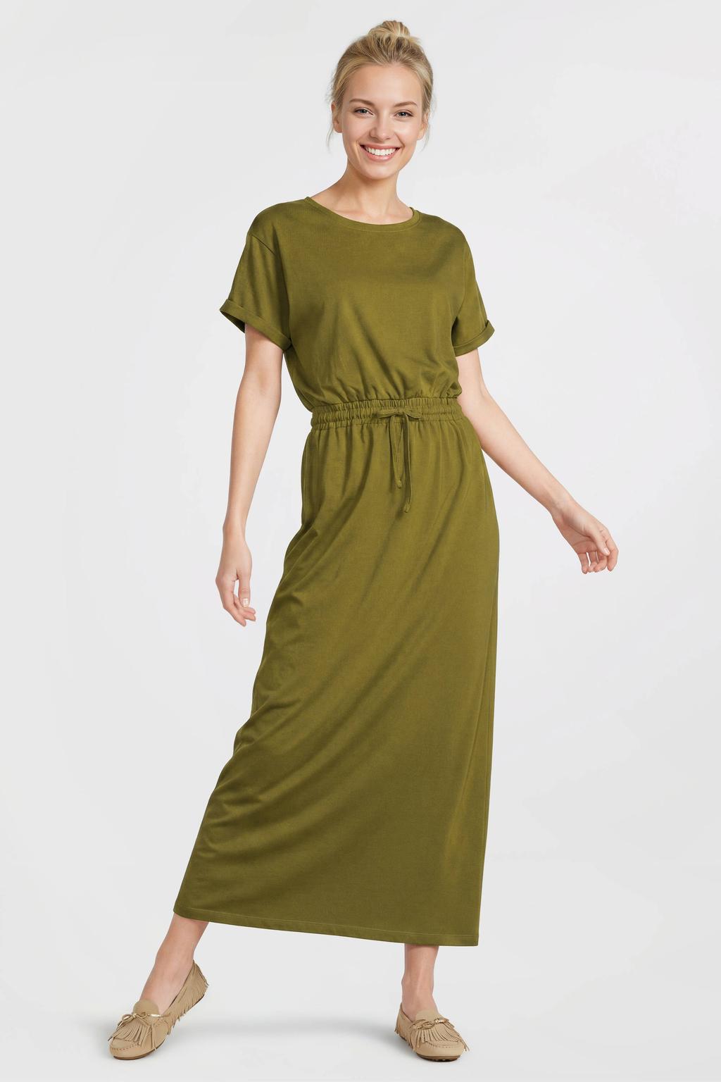 Olijfgroene dames Anytime maxi jurk van katoen met effen, korte mouwen, ronde hals en trekkoorden