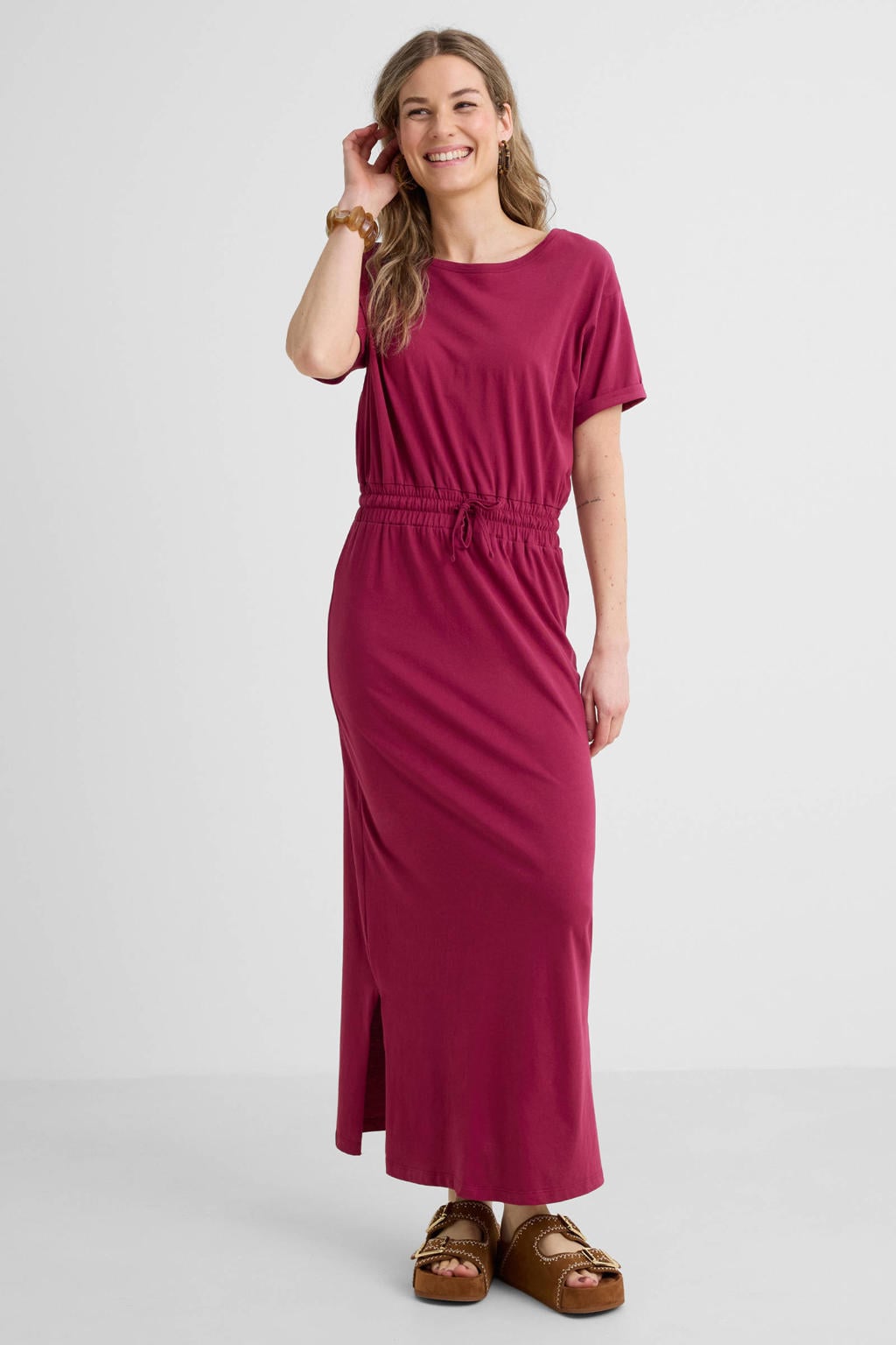 Fuchsia dames Anytime maxi jurk van katoen met effen, korte mouwen, ronde hals en trekkoorden