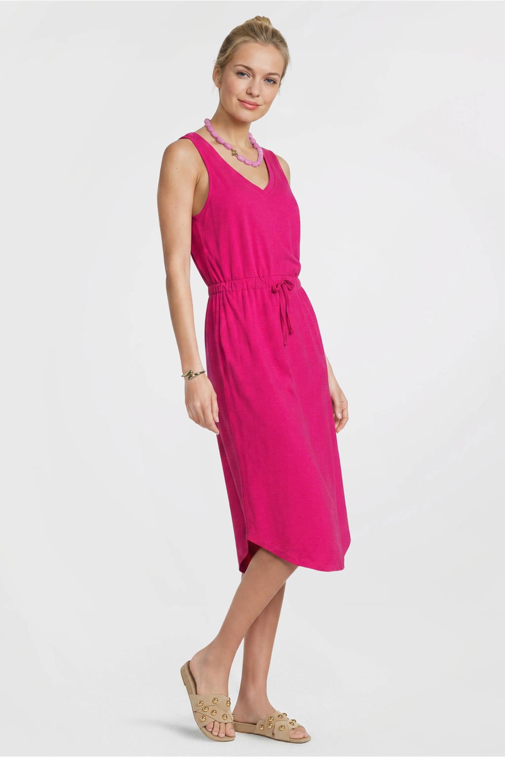 Fuchsia dames Anytime midi jurk van katoen met effen, V-hals en trekkoorden