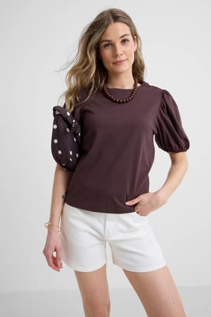 T-shirt met pofmouwen donkerbruin